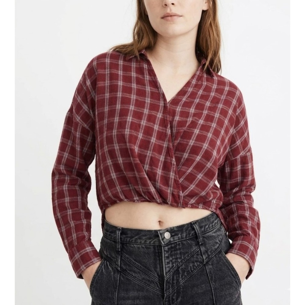 Lou & Grey Burgundy Plaid Crop Top High Low Size XS